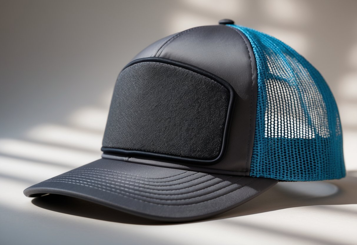Close-up of a trucker hat showing its foam front panel and mesh back on a neutral background.