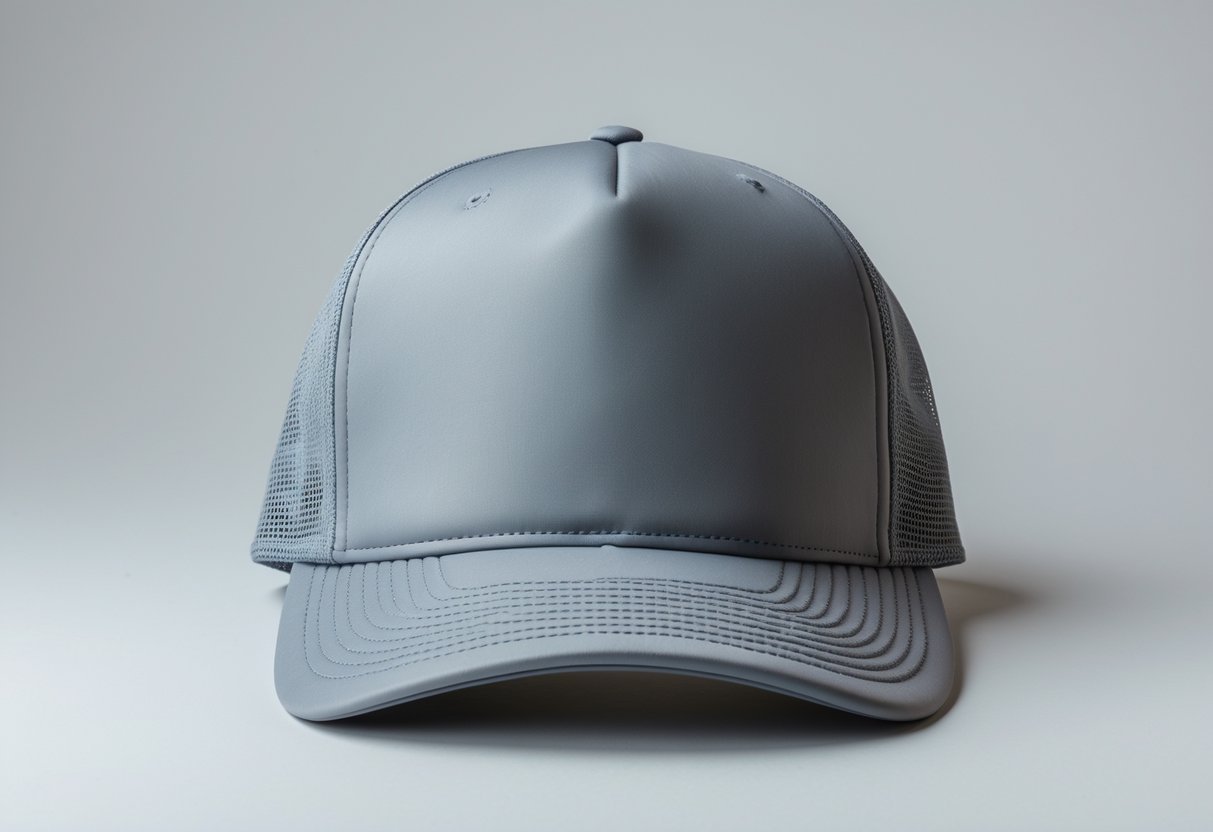 A trucker hat with a solid front panel and breathable mesh back shown on a plain background.