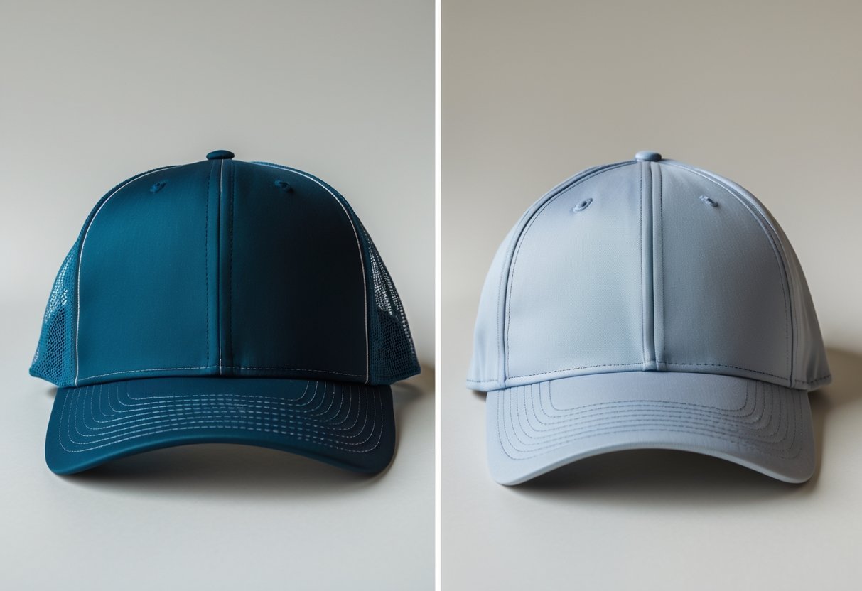 Side-by-side view of a trucker hat with mesh back and a solid baseball cap on a plain background.