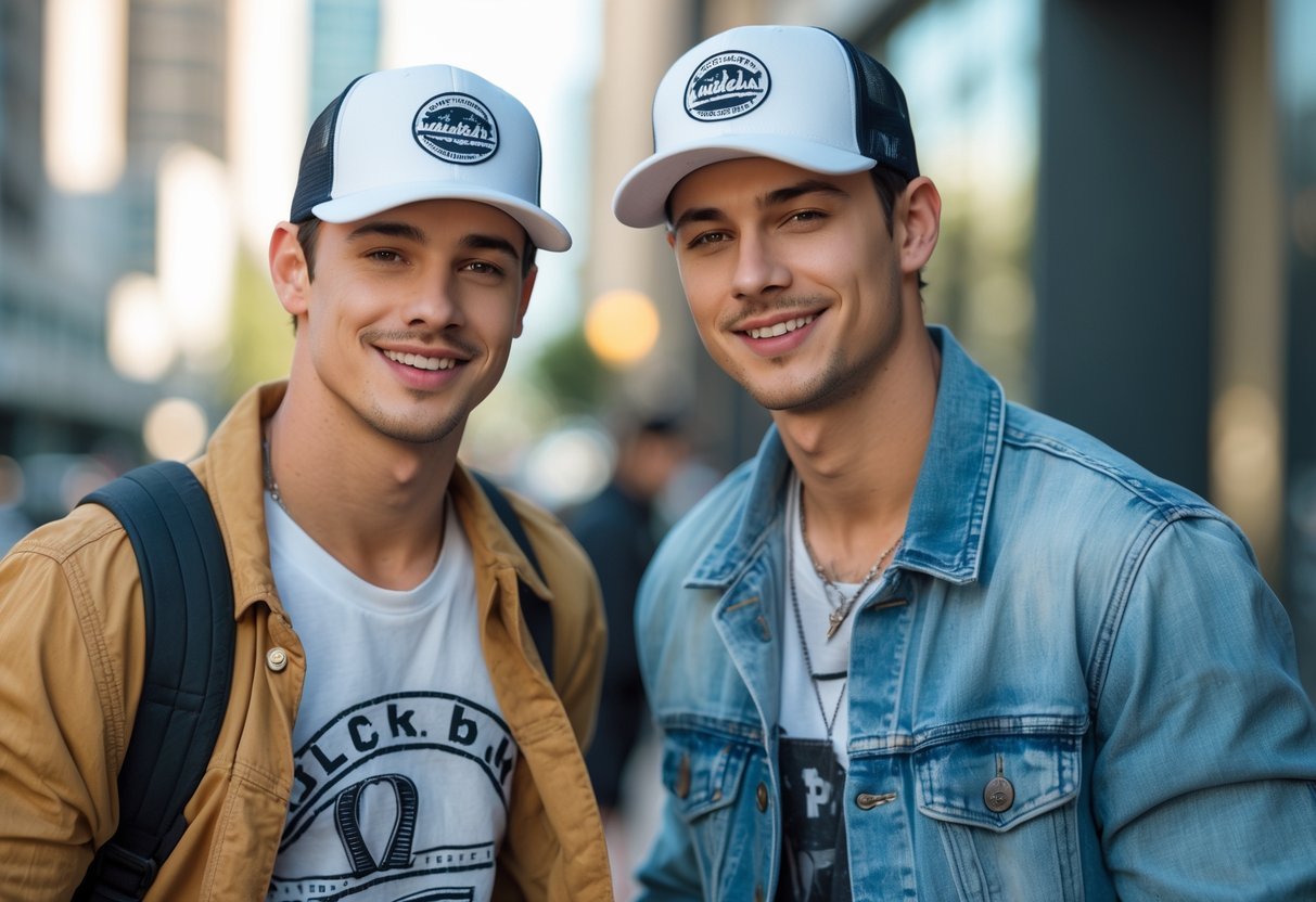 Two young men wearing trucker hats posing outdoors in a city setting.