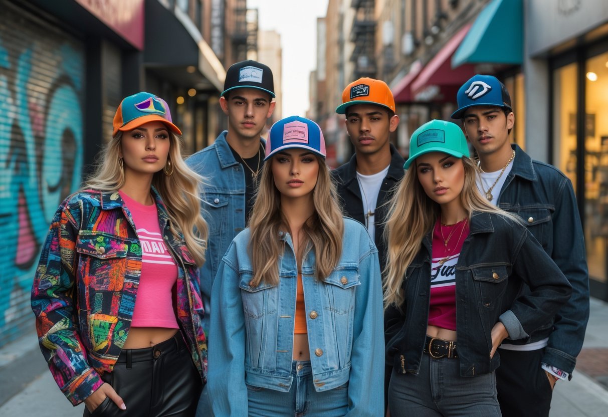 A group of young adults wearing various colorful trucker hats standing on a city street with graffiti and storefronts in the background.