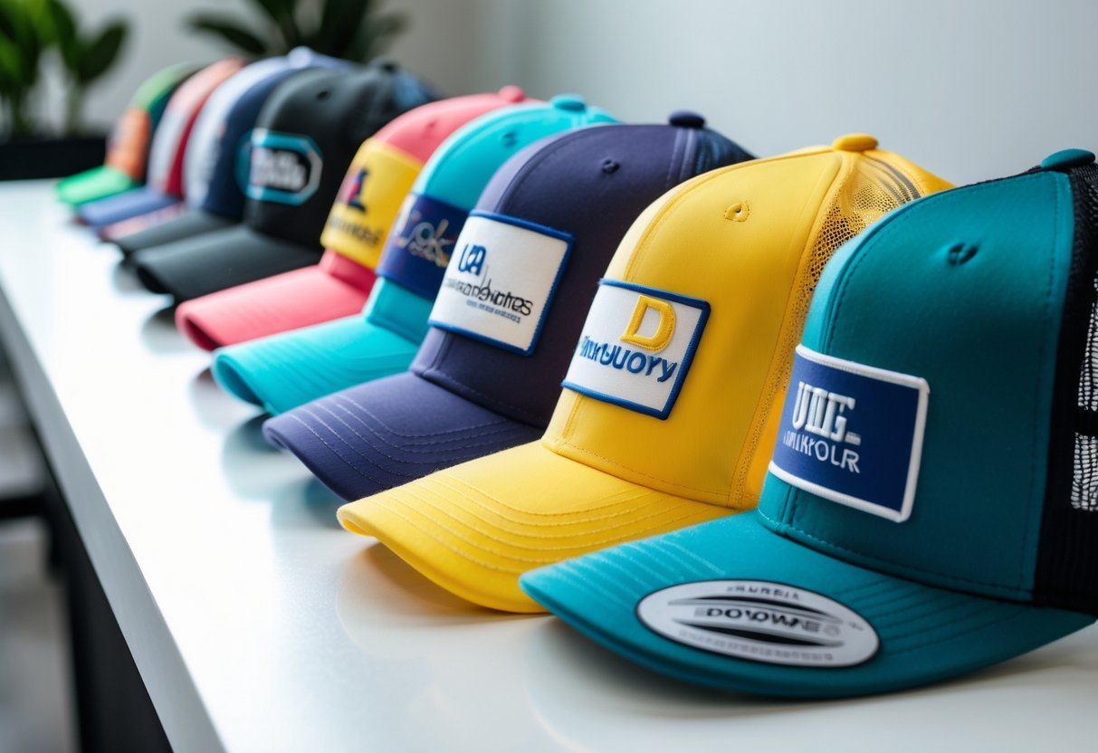 A collection of various customized trucker hats displayed on a white surface, showing different colors and designs.