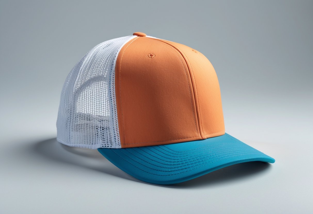 A trucker hat with a colorful foam front and white mesh back displayed on a plain background.