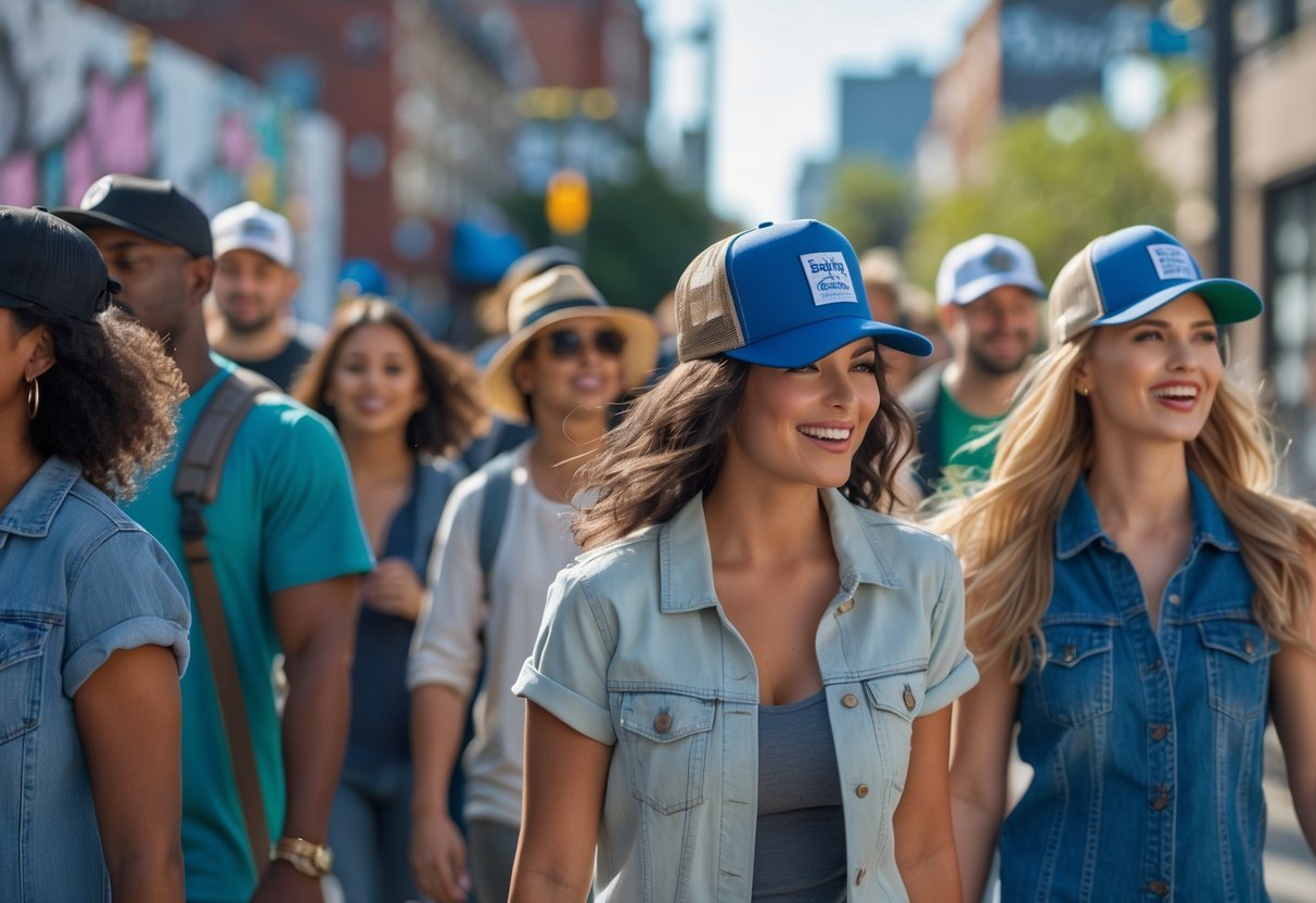 A diverse group of people wearing trucker hats in a casual city setting, interacting and enjoying a sunny day.