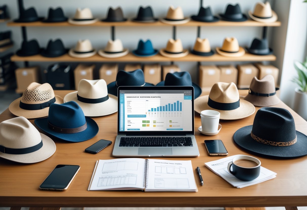 A workspace with a laptop, various hats, notebook with sketches, and packaging boxes on shelves in a bright room.