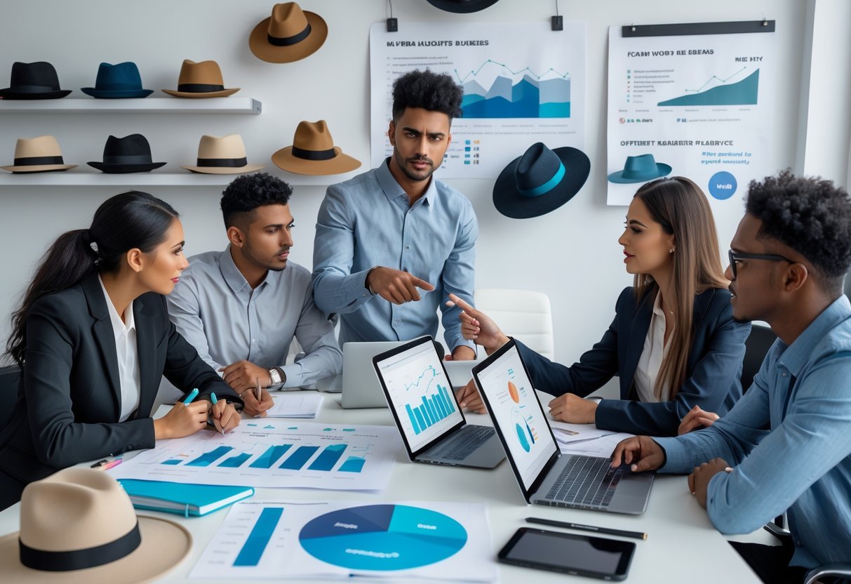 A group of young entrepreneurs discussing business plans around a table with hats, charts, and laptops in a bright office.