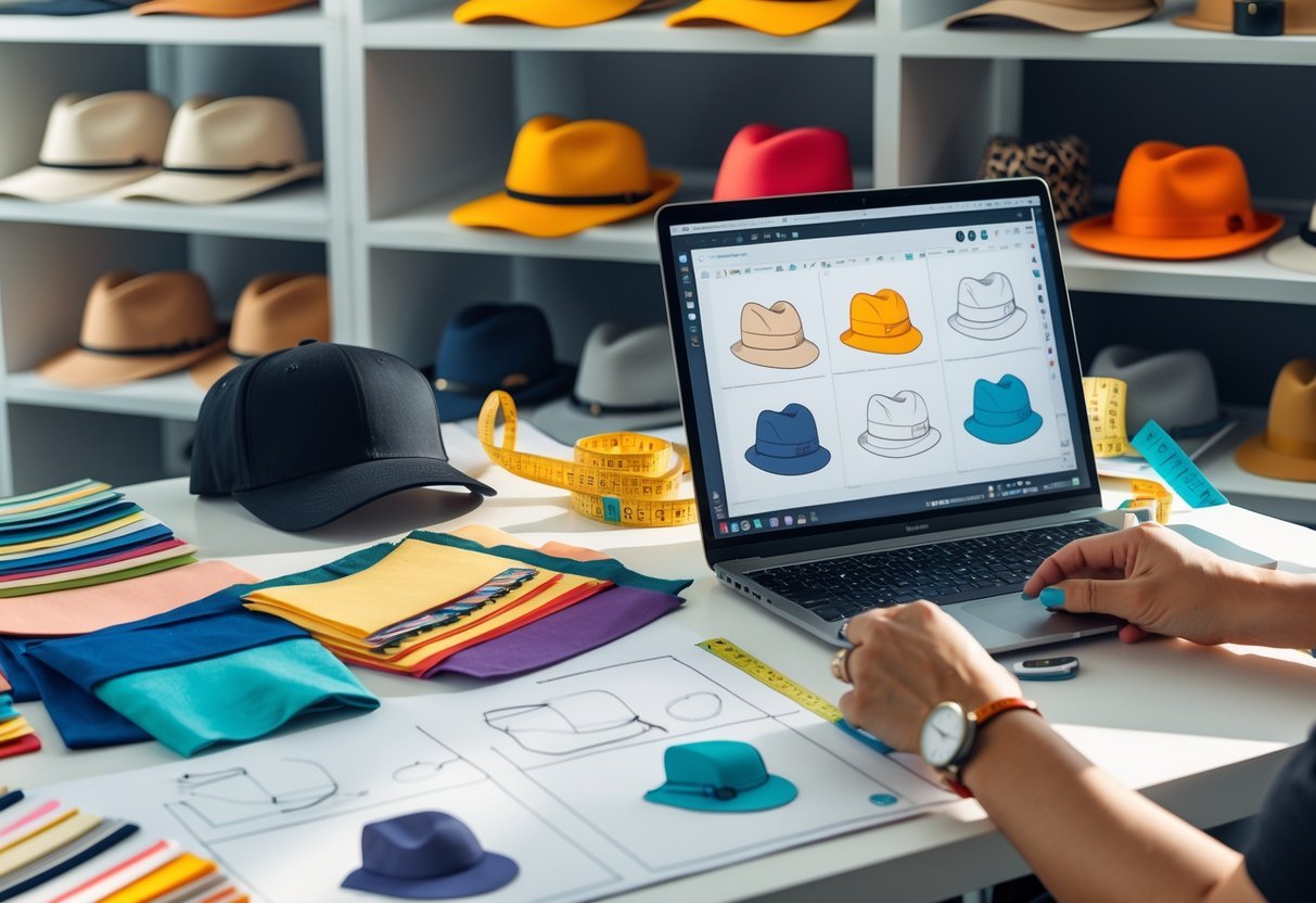 A workspace with hat design sketches, fabric swatches, a laptop showing hat illustrations, and hands working on a hat prototype with sewing tools.