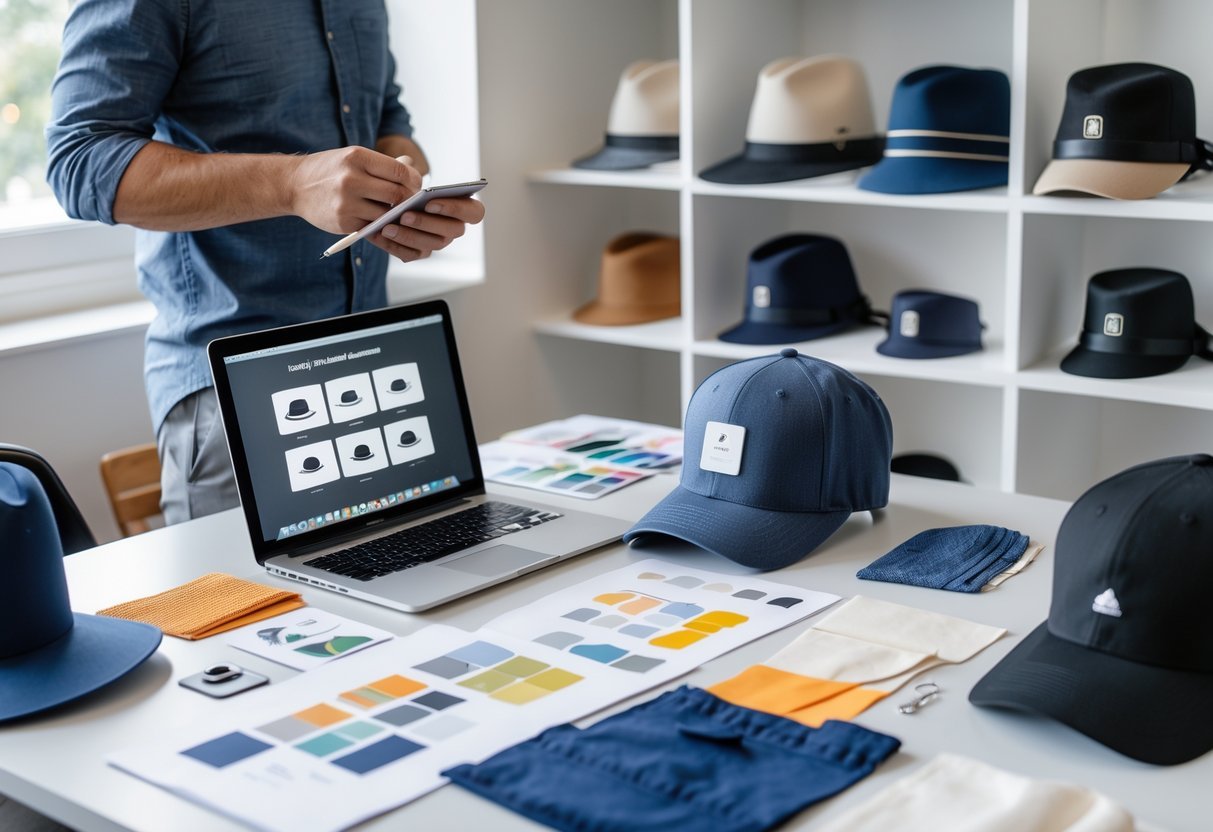 A person at a desk examining a hat surrounded by sketches, fabric samples, and hats in a workspace.