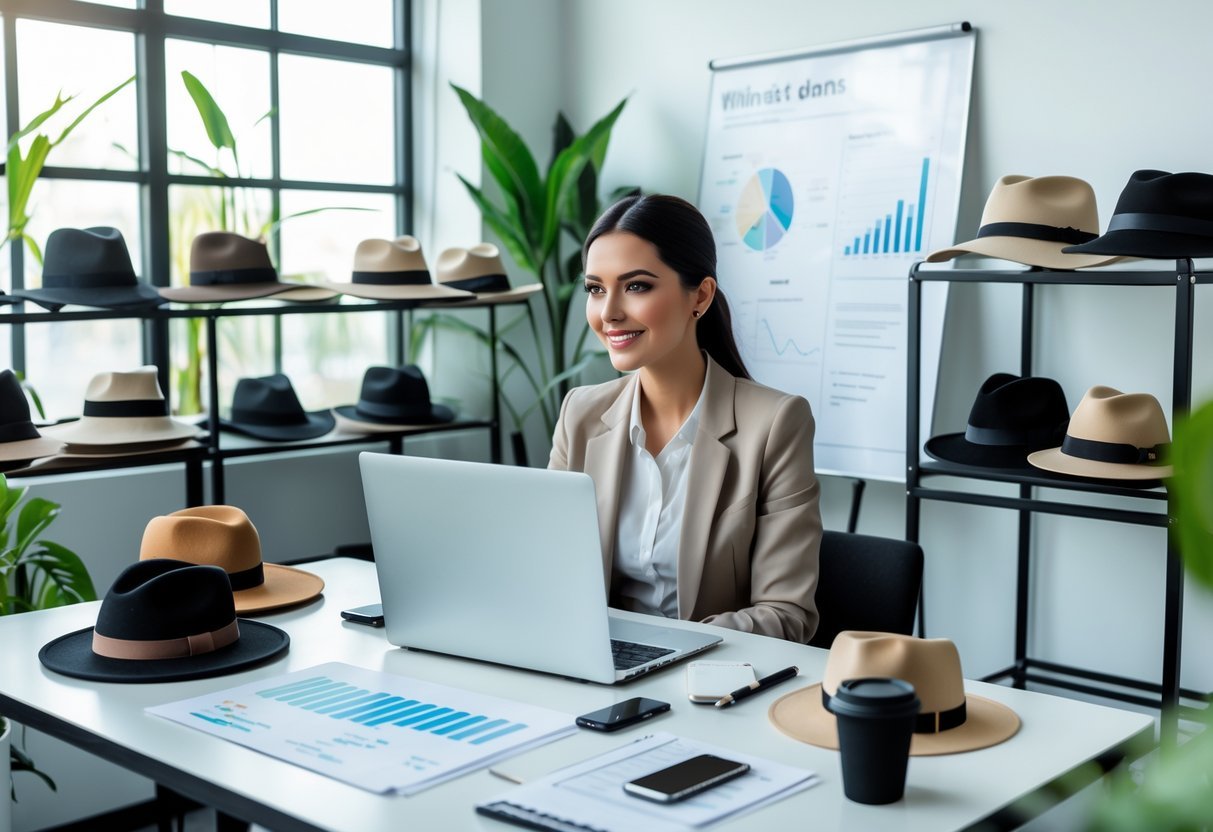 An entrepreneur working at a desk surrounded by various hats and business materials in a bright office.