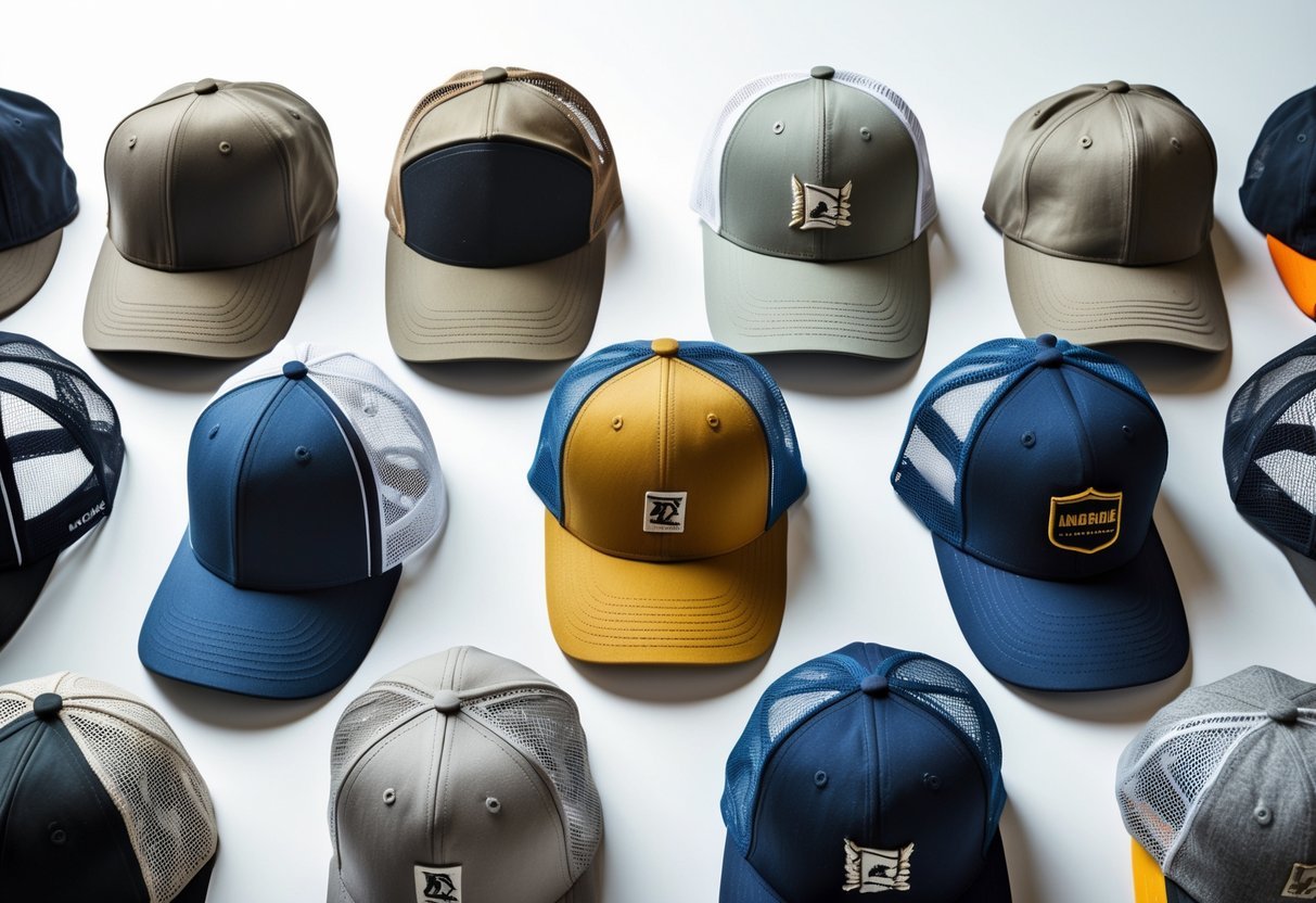 A collection of different styles of baseball hats arranged on a white surface.