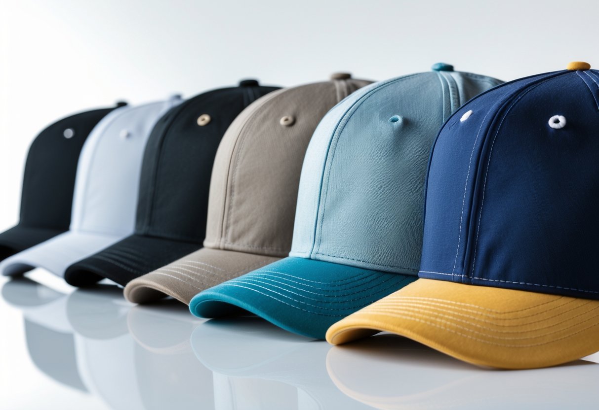 A variety of snapback baseball caps arranged in a row on a white surface.