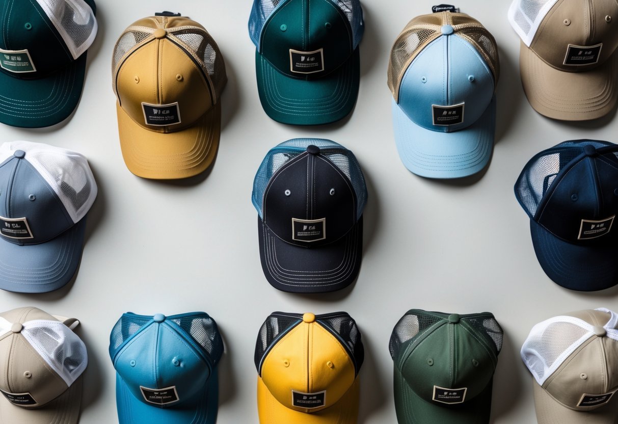 A collection of various baseball hats including trucker hats and fitted caps arranged on a plain surface.