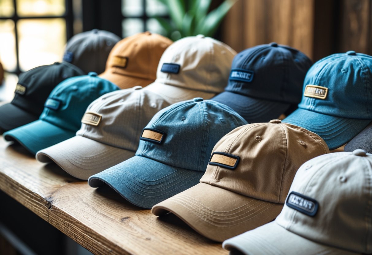 A collection of different dad hats arranged on a wooden surface with soft natural lighting.
