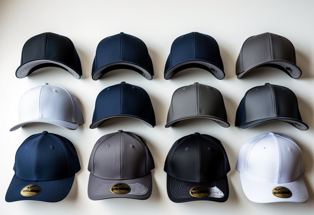 A collection of different Flexfit baseball caps in various colors and styles displayed on a white surface.