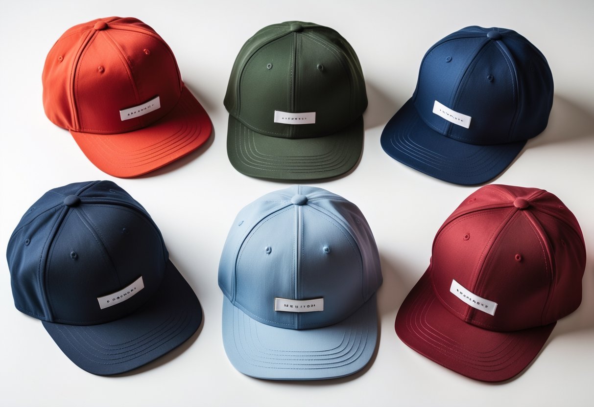 Five different 5-panel baseball caps arranged on a white background showing various styles and colors.