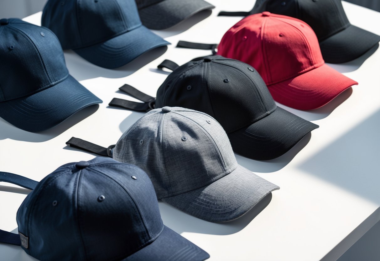 A collection of baseball hats with Velcro straps arranged on a white surface, showing various colors and adjustable closures.