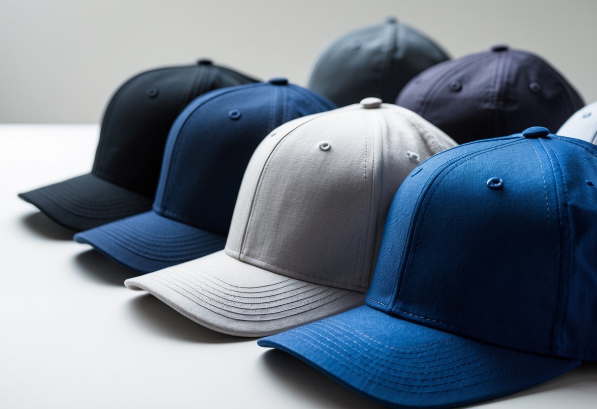 A row of various low profile baseball caps in different colors and styles displayed on a plain background.