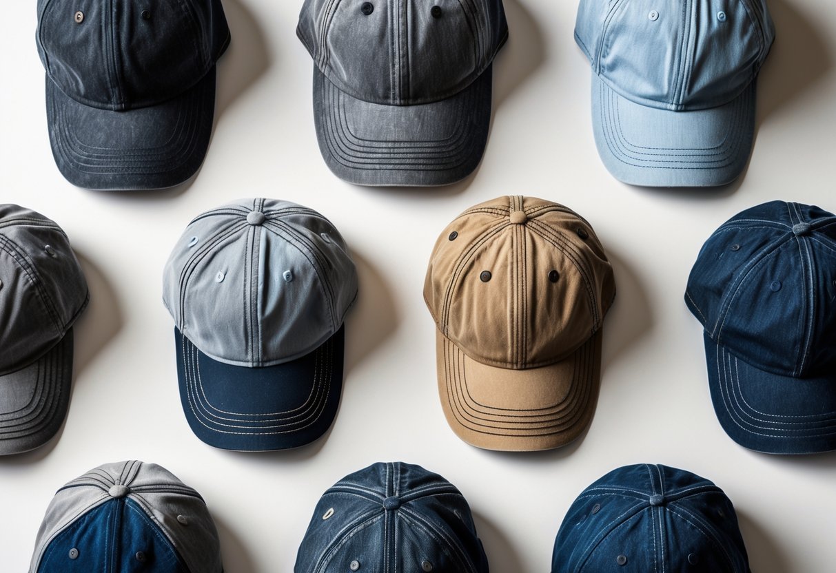 A collection of washed cotton baseball caps in different styles arranged on a plain background.