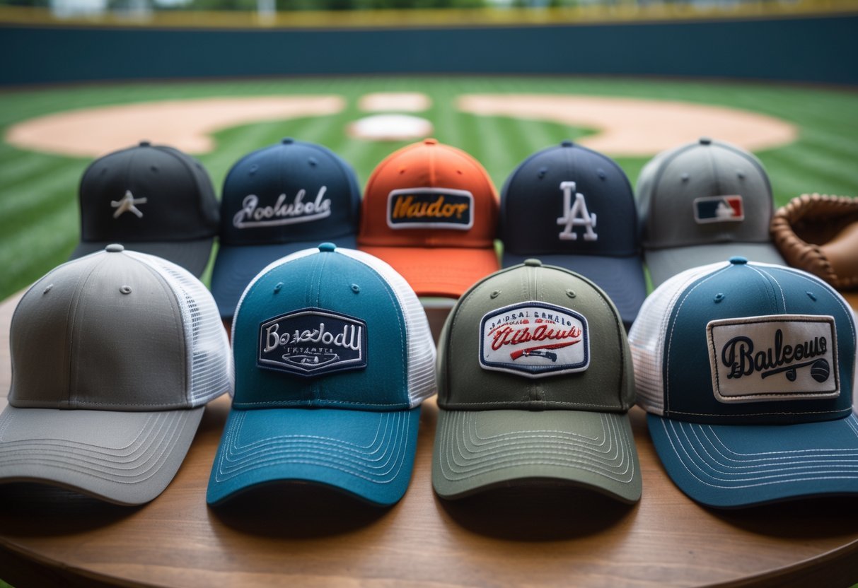 A variety of baseball hats arranged on a wooden table with a baseball field and equipment blurred in the background.
