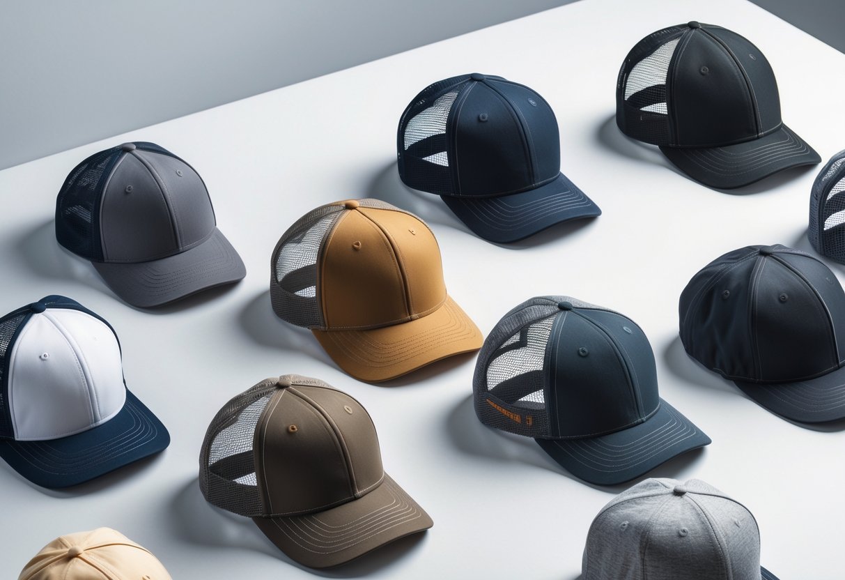 A collection of baseball hats made from different materials and construction types arranged on a plain background.