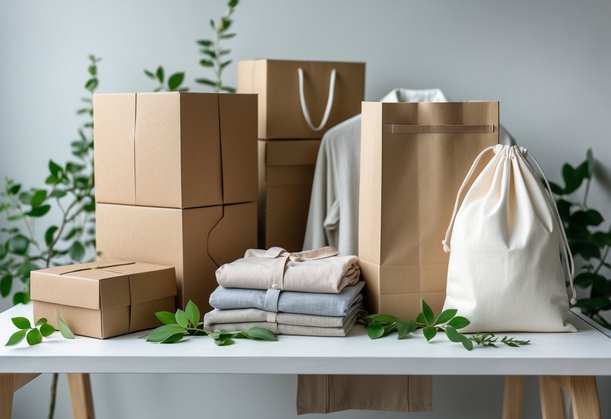 Eco-friendly clothing packaging materials arranged on a wooden table with green leaves nearby.
