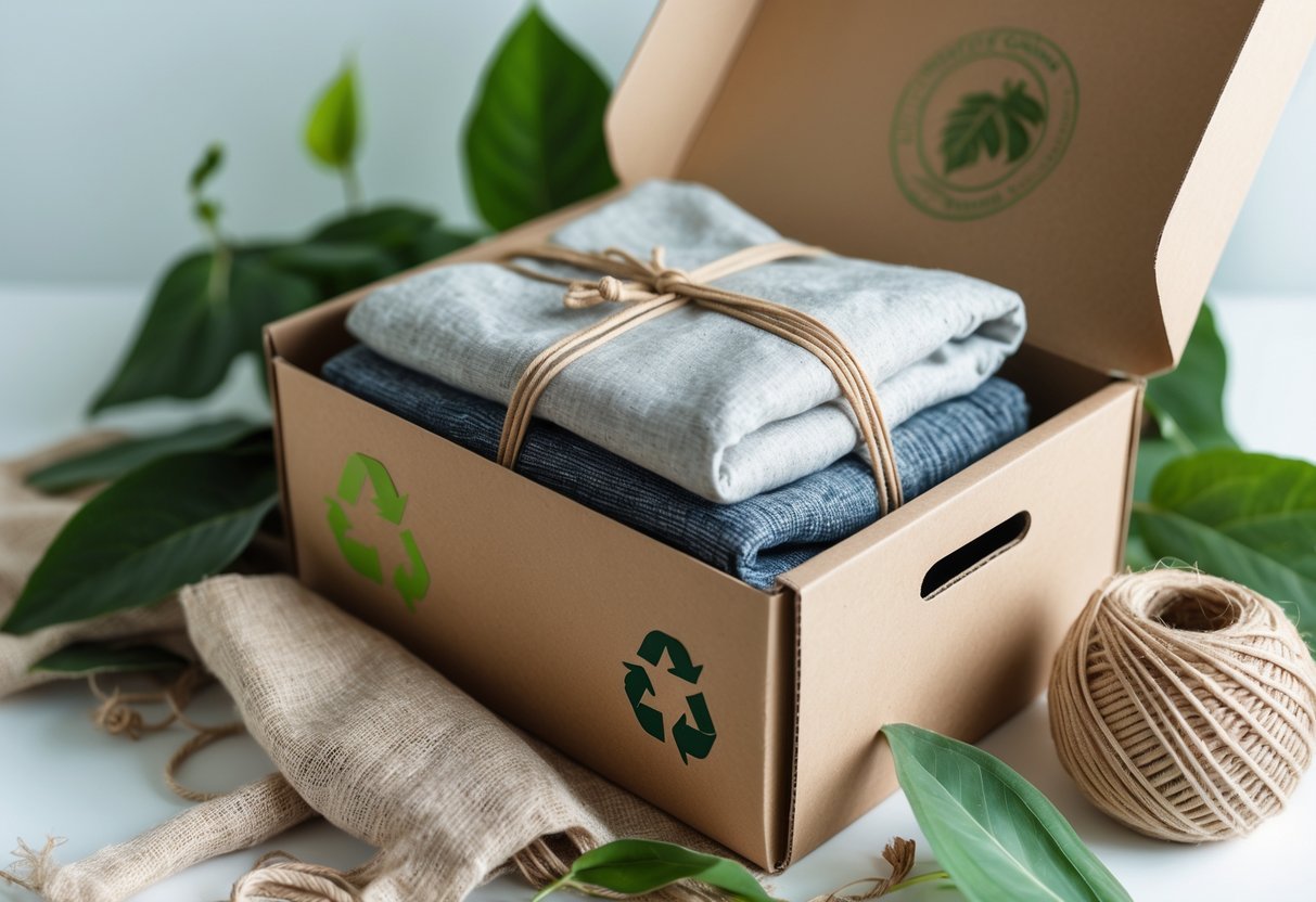 Eco-friendly clothing items wrapped in recyclable kraft paper inside a cardboard box with green leaves around it.