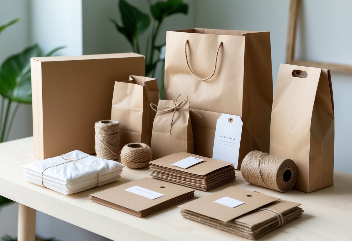 A collection of eco-friendly clothing packaging materials including kraft paper boxes, cotton bags, cardboard tags, jute twine, and tissue paper arranged on a wooden surface.