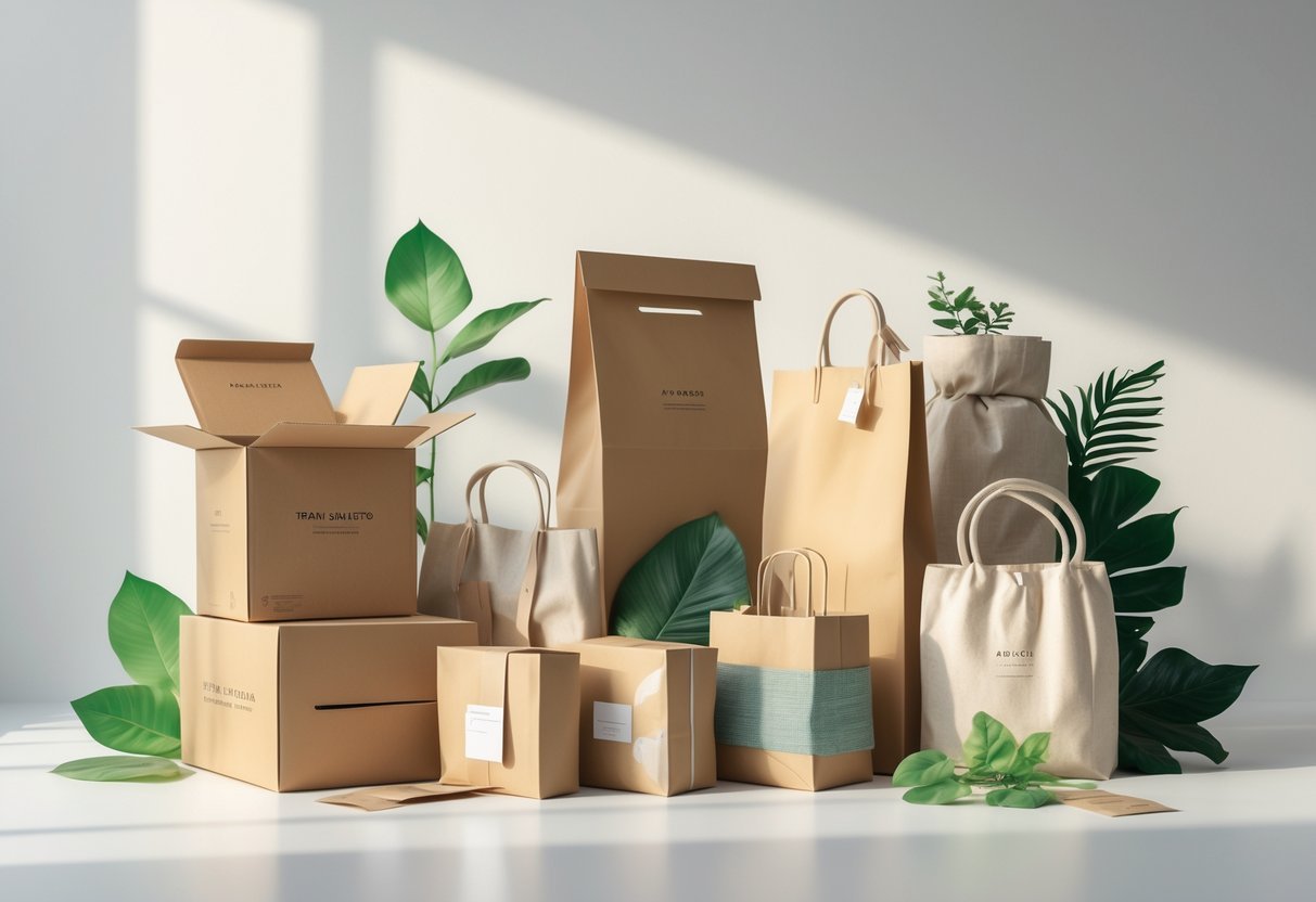 Various eco-friendly clothing packaging items including recycled boxes, biodegradable bags, and fabric wraps arranged on a neutral surface with green leaves nearby.