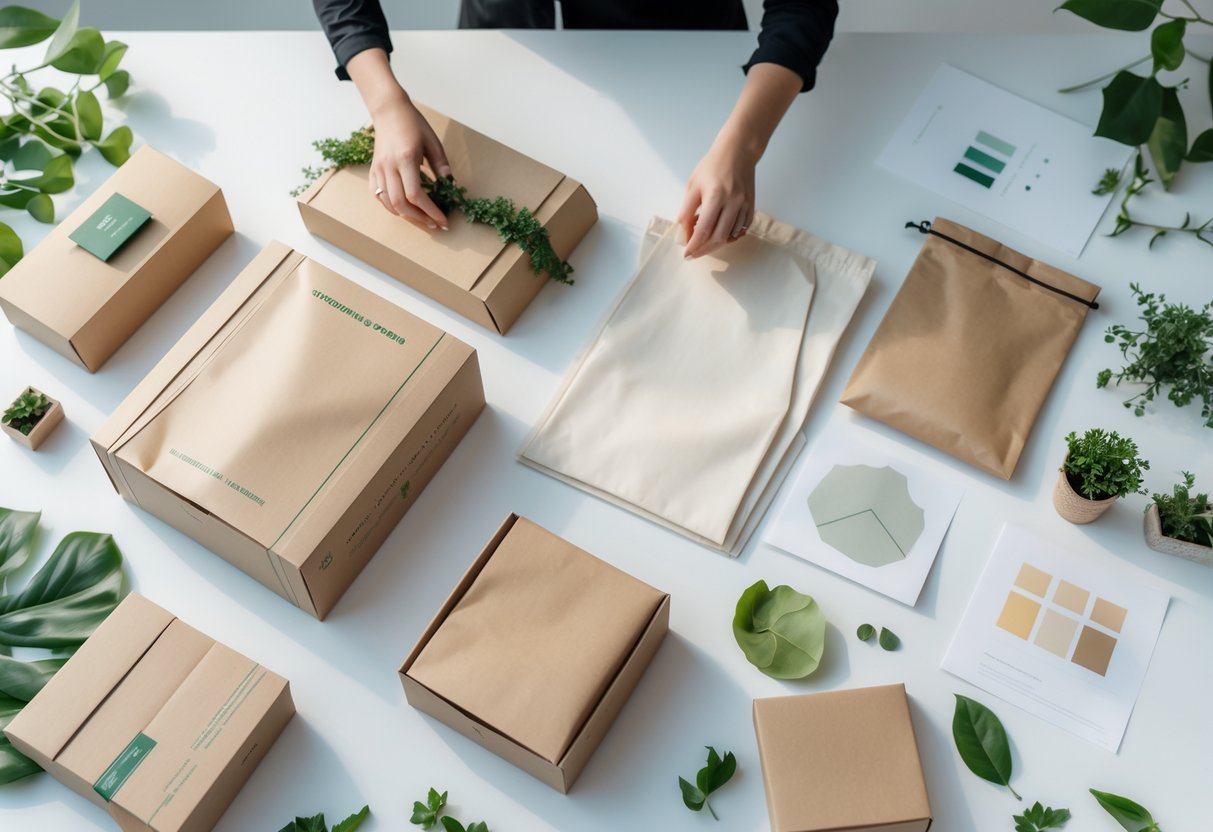 Hands assembling eco-friendly clothing packaging made of recycled materials on a bright workspace with green plants nearby.