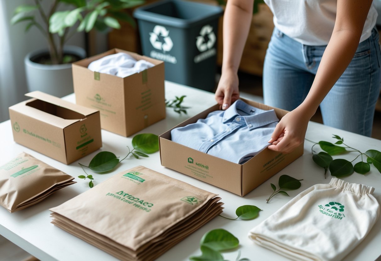 Hands placing a folded organic cotton shirt into eco-friendly clothing packaging materials on a wooden table with green leaves and a recycling bin in the background.