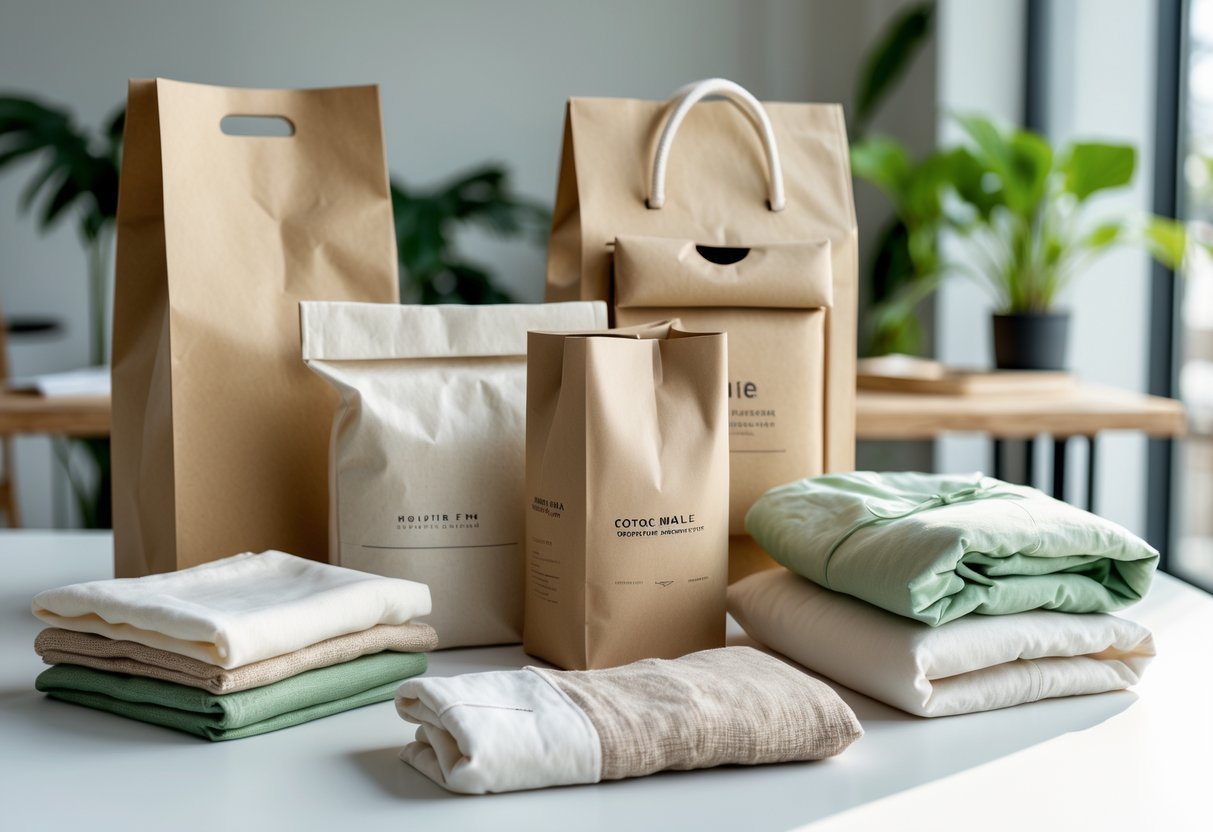 Eco-friendly clothing packaging and folded garments arranged on a clean surface with green plants in the background.