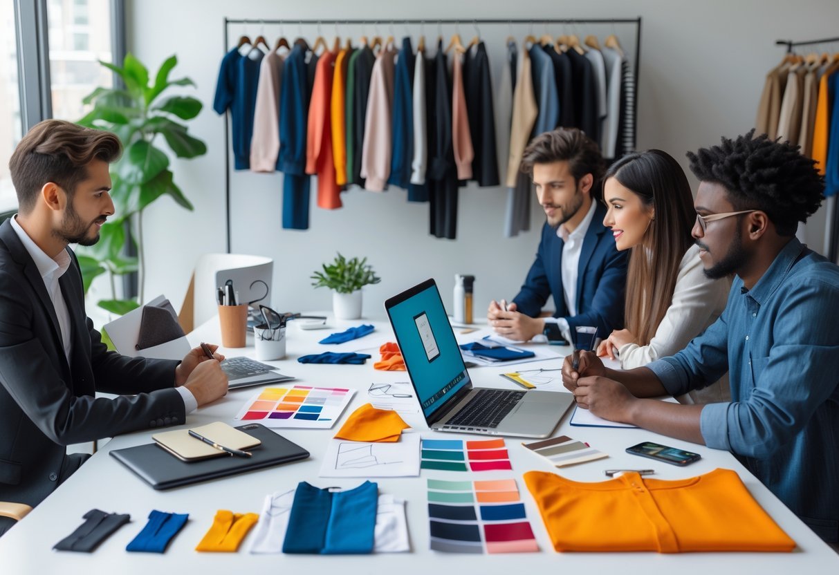 A group of people working together around a table with clothing samples, sketches, and a laptop in a workspace with clothes hanging on a rack.