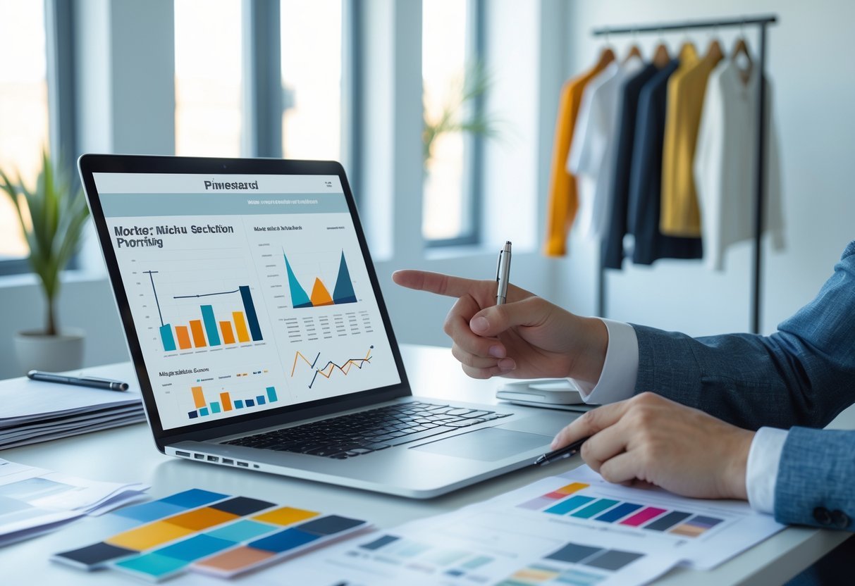 A workspace with a laptop showing fashion market charts, fabric swatches, design sketches, and a clothing rack with apparel samples.