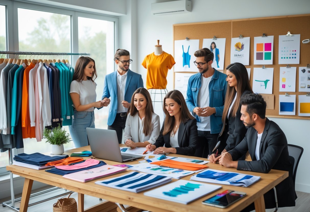 A group of people working together in a bright office with clothing samples, sketches, and design tools on a table.