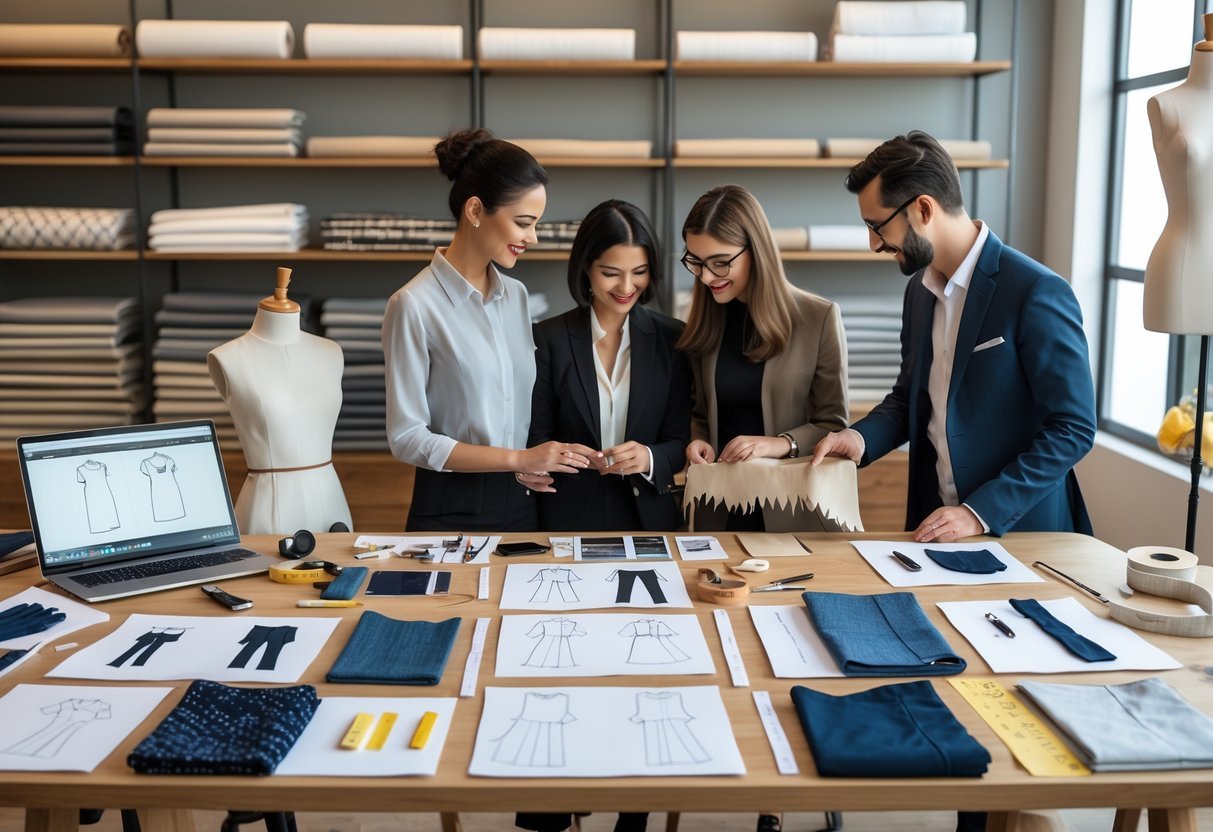A fashion designer's workspace with sketches, fabric swatches, a laptop, sewing tools, a mannequin with clothing, and people collaborating.