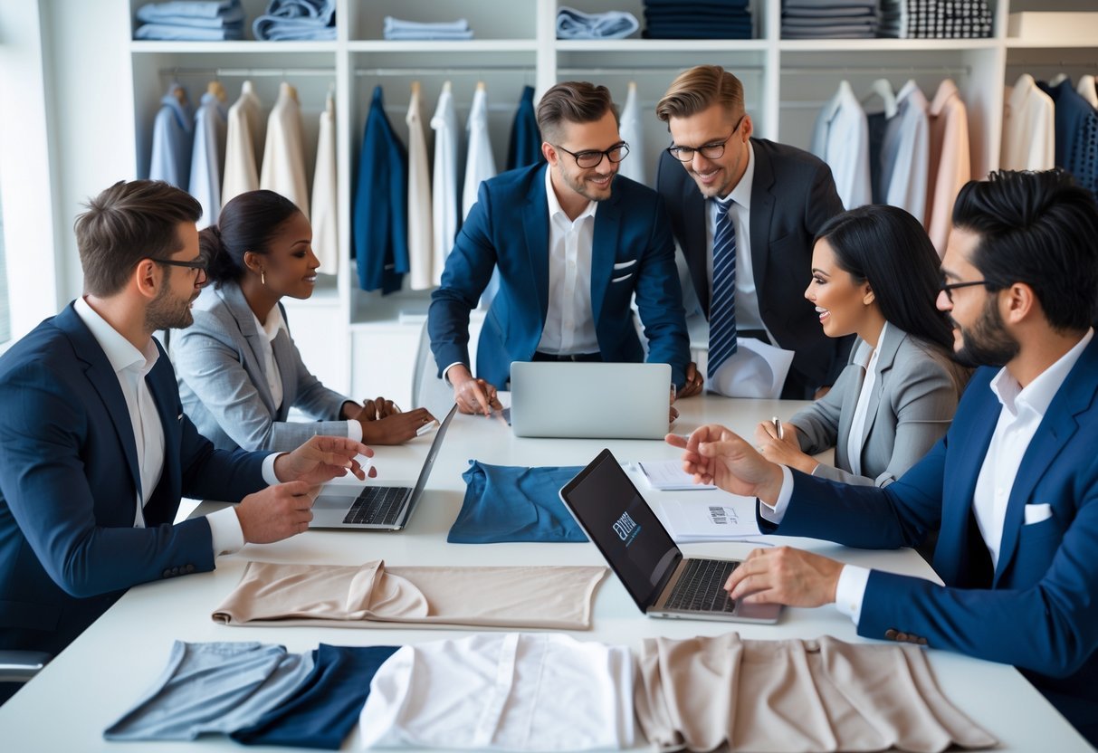 A group of professionals in a meeting room reviewing clothing samples and design sketches for a clothing line.