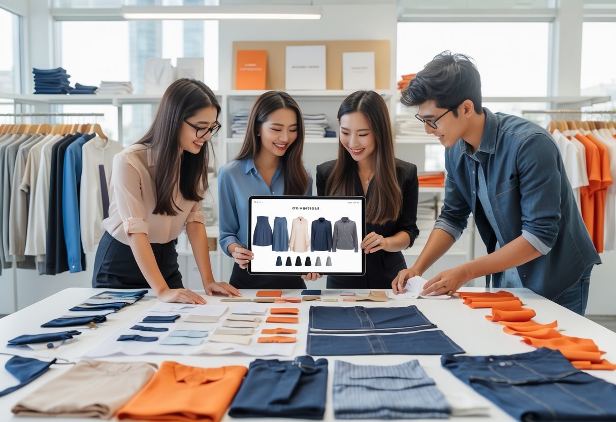 A team of professionals working together in an office with clothing samples and design materials on the table.