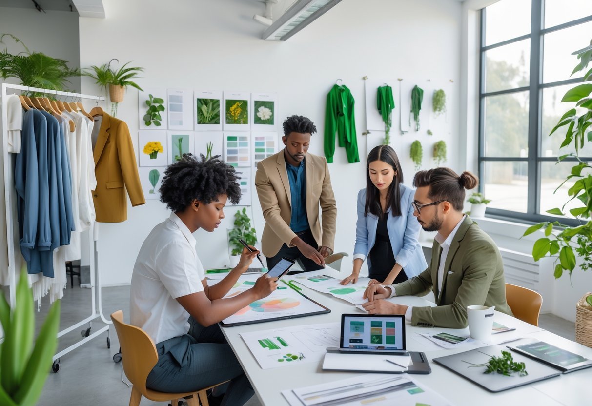 A group of professionals working together in a modern office, designing clothing and reviewing market research materials.