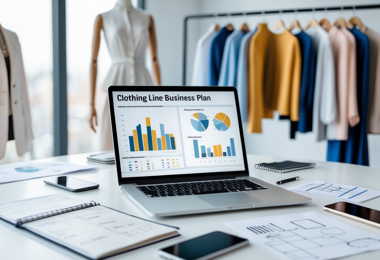 A workspace with a laptop showing fashion charts, clothing sketches, fabric swatches, a notebook, smartphone, and a mannequin with clothes on a rack in the background.