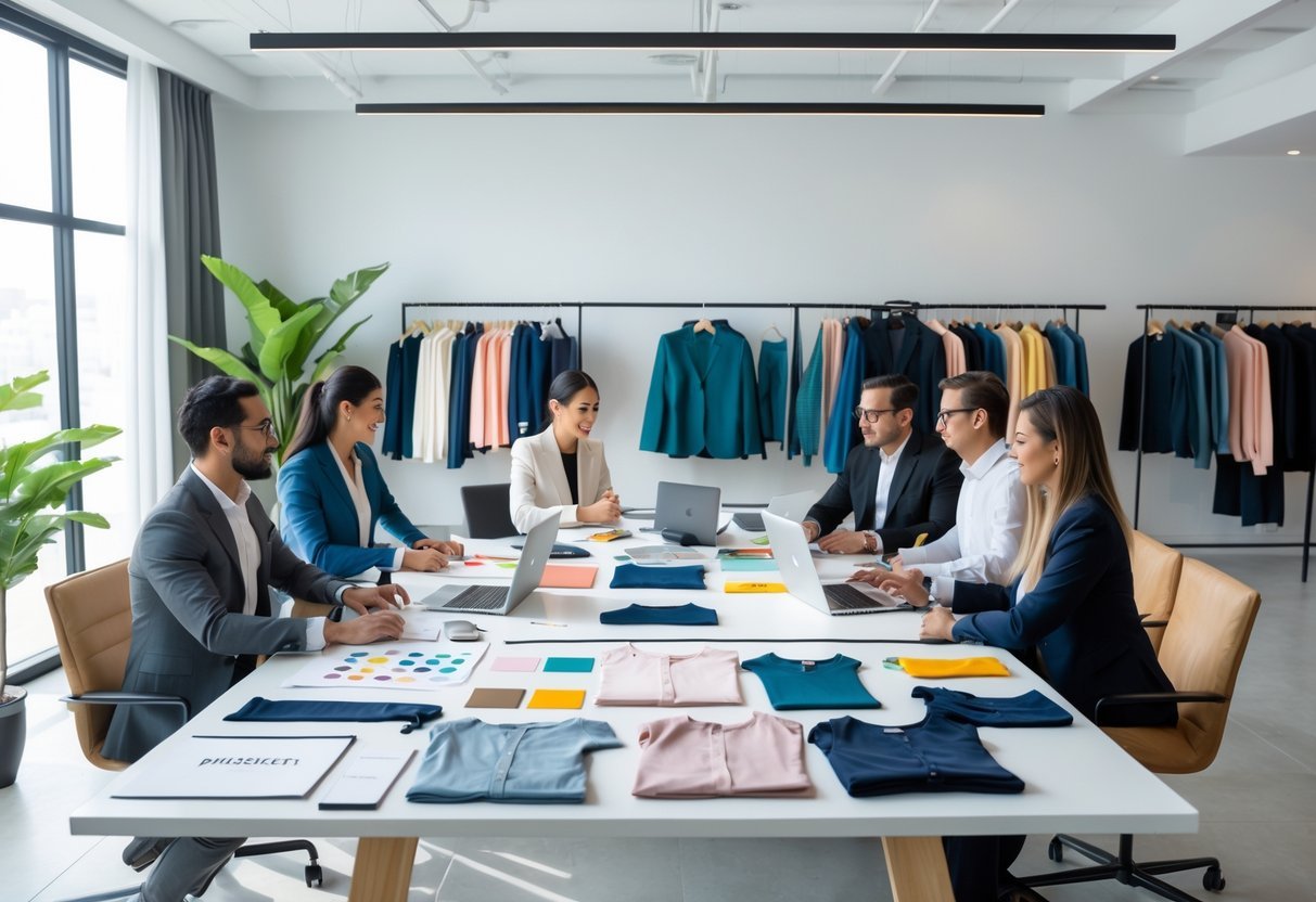 A group of professionals collaborating around a table with clothing samples and sketches in a modern office with racks of clothing in the background.