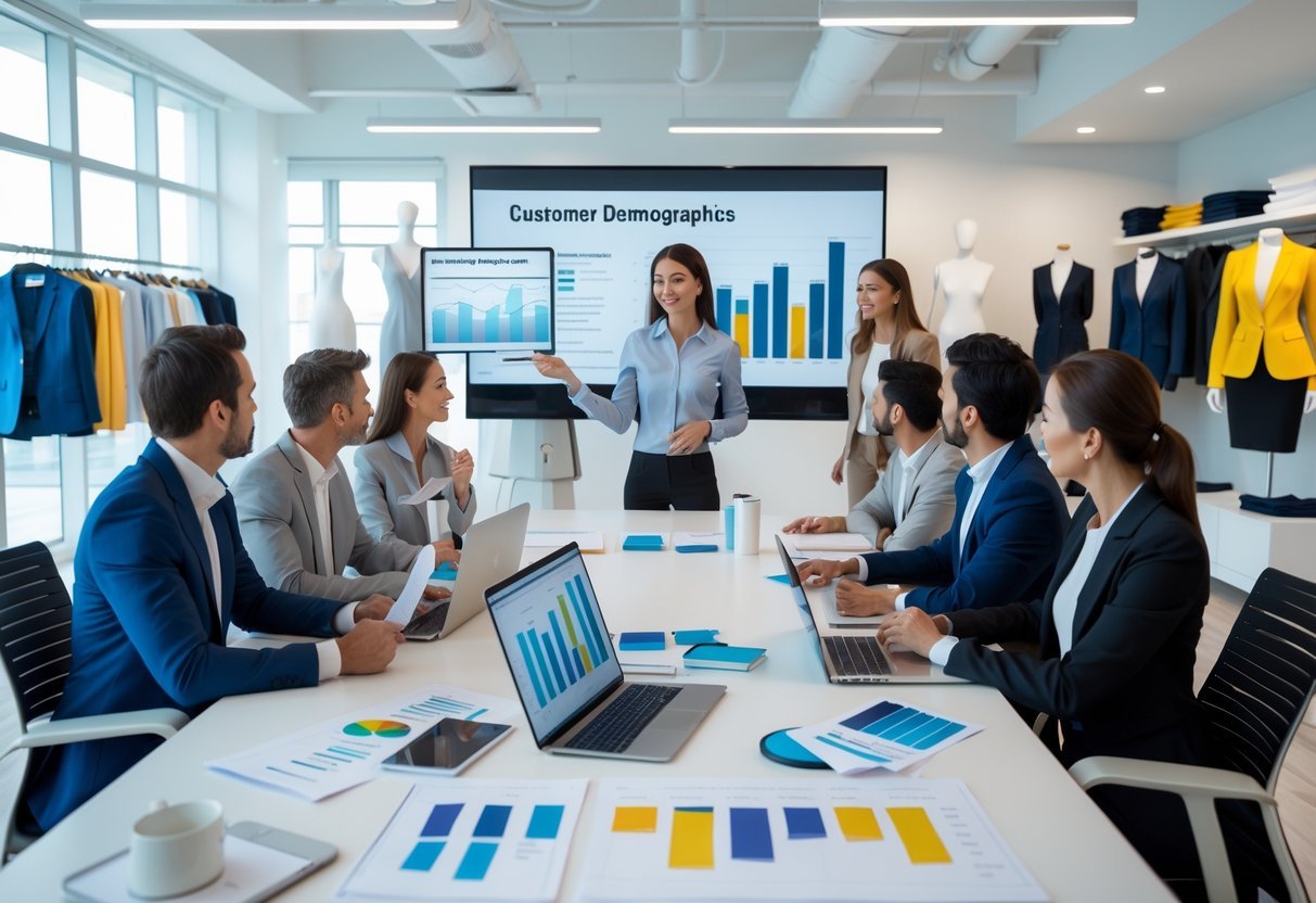 Business professionals discussing market research and customer analysis for a clothing line in a modern office with clothing samples and digital charts.