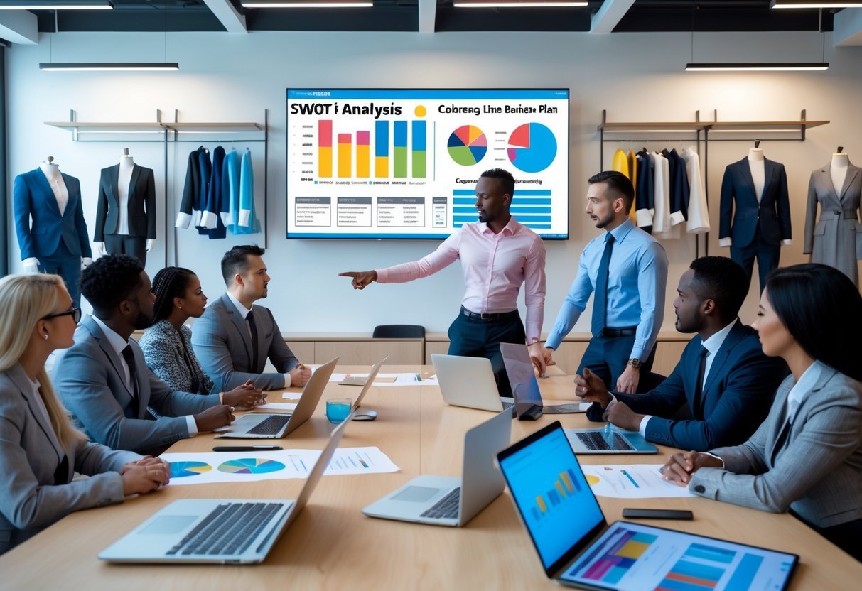 A group of business professionals in a meeting room reviewing charts and digital displays related to a clothing line business plan.