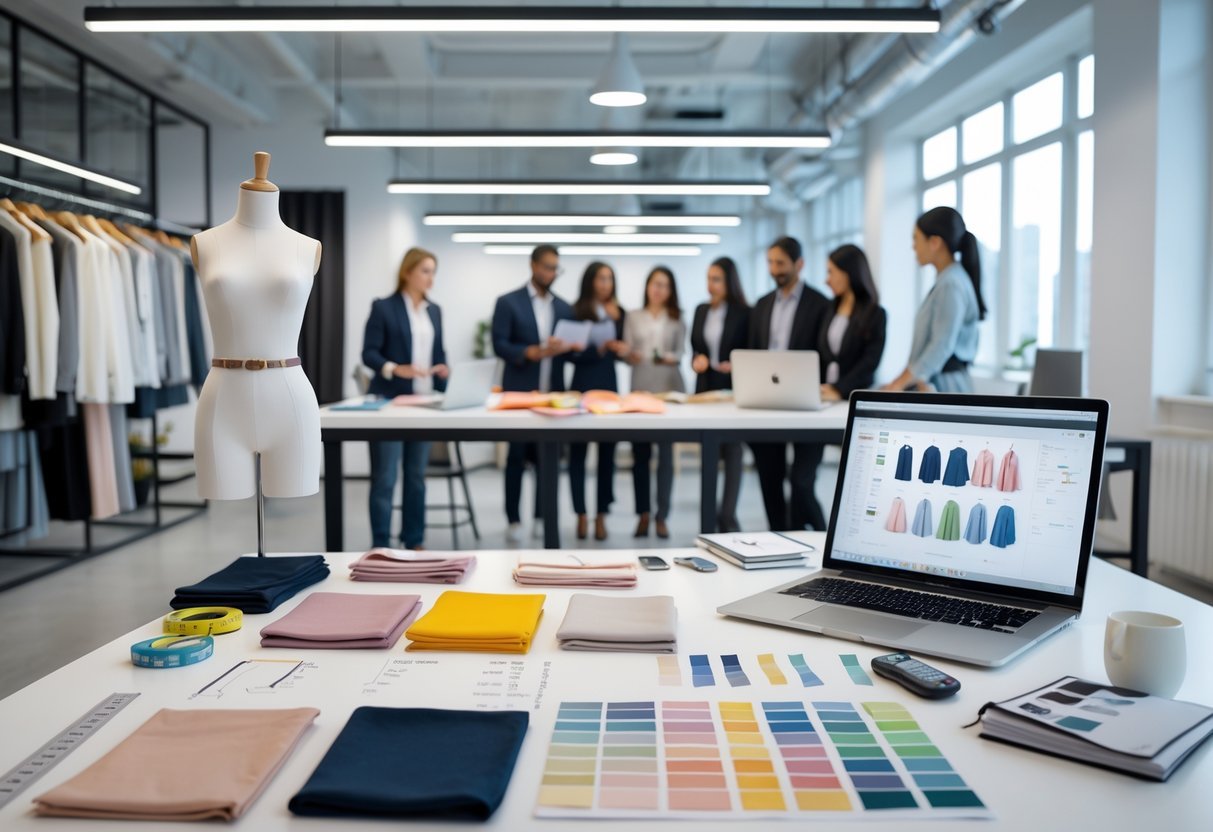 A team of professionals working together in a clothing design studio with fabric samples, mannequins, and fashion sketches on a table.