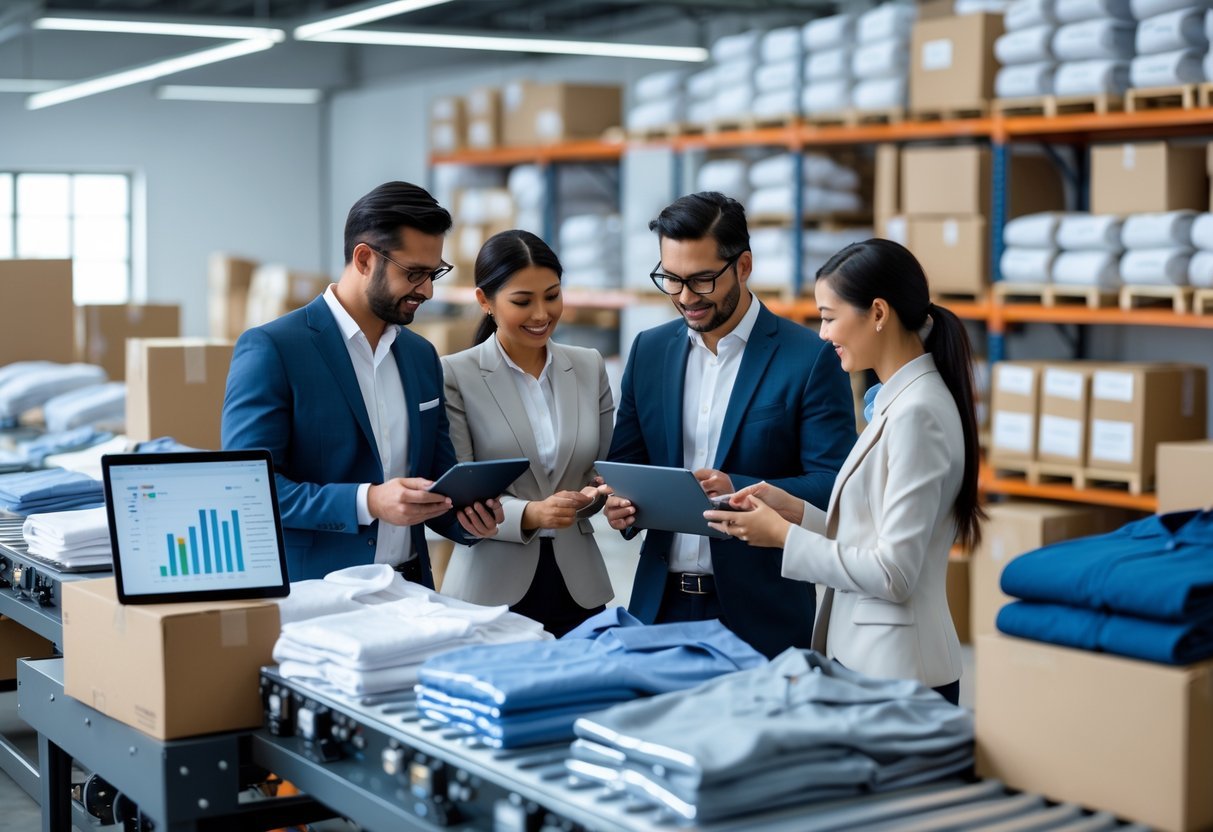 A team of professionals working together in a clothing warehouse with shelves of clothes and boxes, using tablets and laptops to manage inventory and logistics.