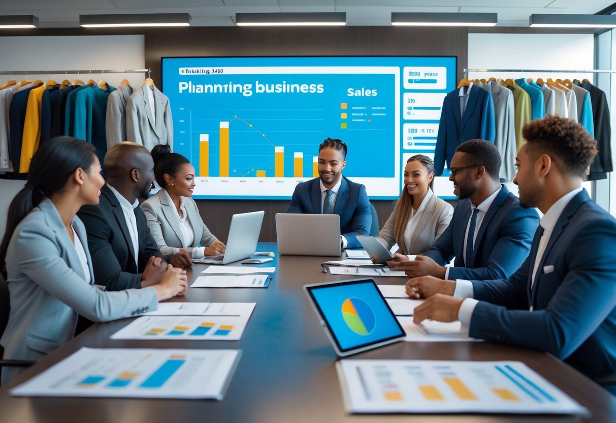 A group of professionals in an office meeting around a table with financial charts and clothing samples nearby.