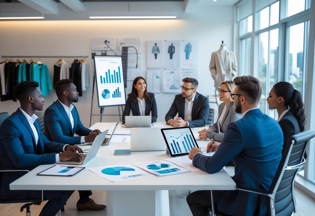 A group of businesspeople meeting around a conference table with laptops and clothing sketches, discussing a clothing line business plan.