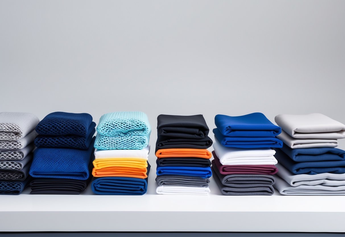 Thirteen different tracksuit fabric samples arranged neatly on a white surface, each showing unique textures and colors.