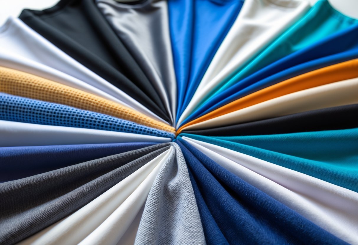 Close-up view of thirteen different types of tracksuit fabric swatches arranged on a white surface, showing various textures and colors.