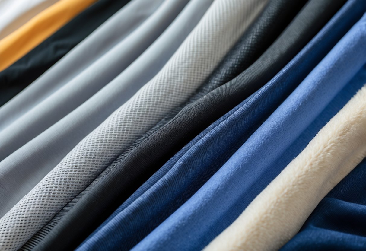 Thirteen different tracksuit fabric samples arranged on a neutral background, showing various textures and colors.