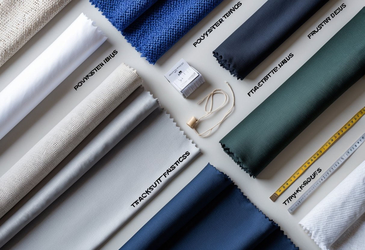 A flat lay of thirteen different tracksuit fabric swatches arranged on a neutral background with sewing tools nearby.